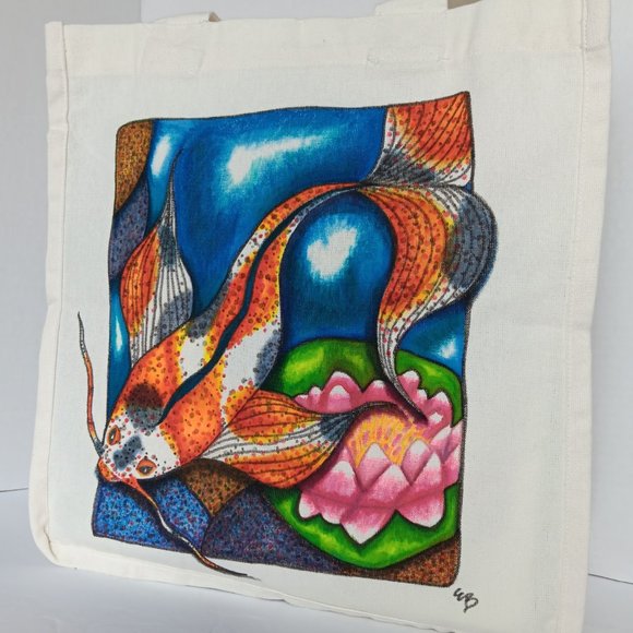 Hand-Painted Koi Fish Canvas Tote Bag: Lotus Pond Reusable Bag 14x13x7 inches - Picture 10 of 10